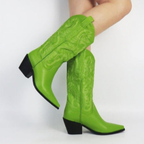 Women's Embroidered Pointed Toe Thick Heel Western Boots