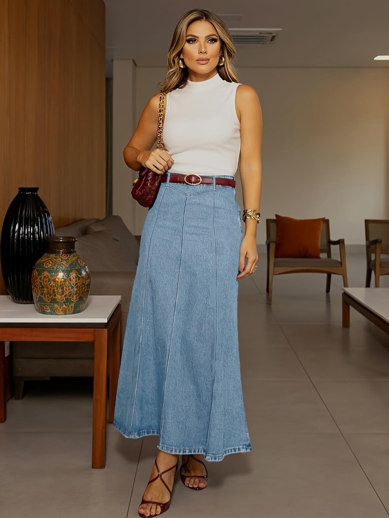 Women's High-Waist A-Line Denim Maxi Skirt💞