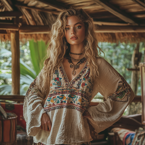 Bohemian Resort Vintage Linen Print Casual Long Sleeve Top