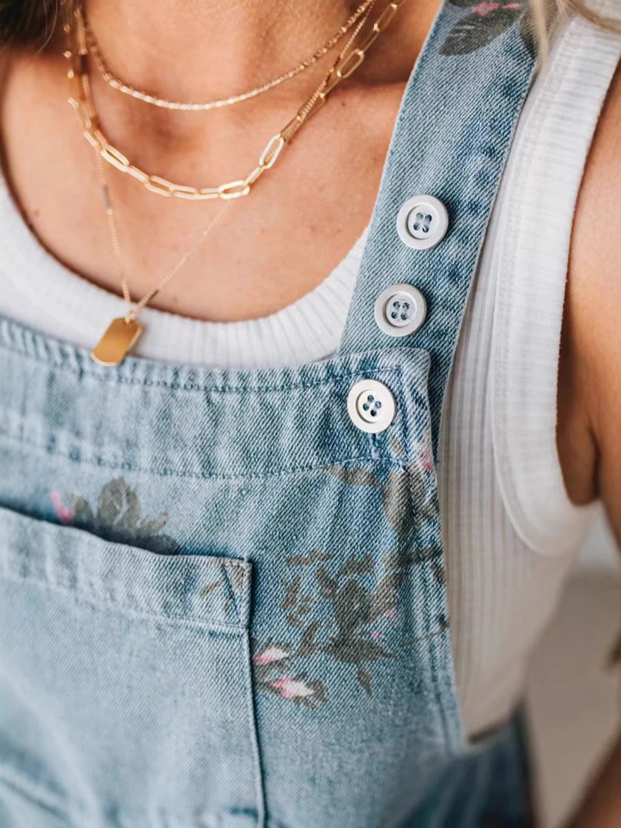 Women's Retro Personality Printed Denim Jumpsuit