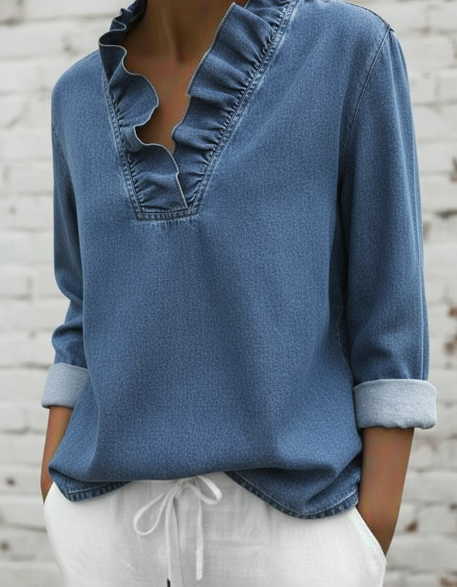 Retro Romantic Ruffled V-neck Denim Shirt