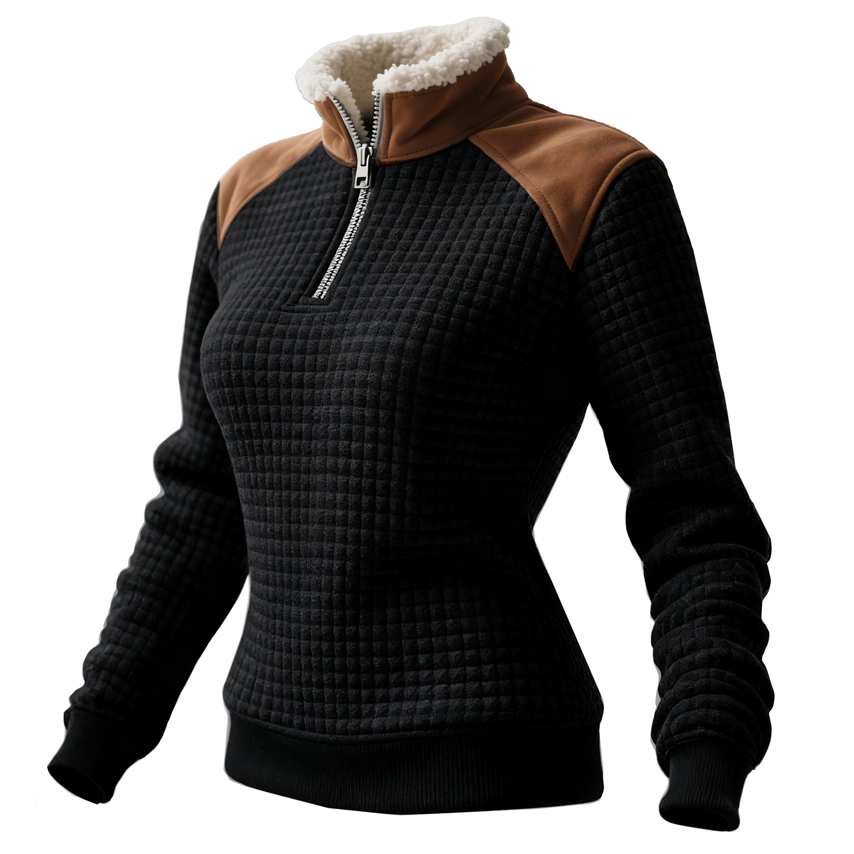 Women's Retro Western Style Waffle Contrast Suede Fleece Collar Stand Collar Sweatshirt