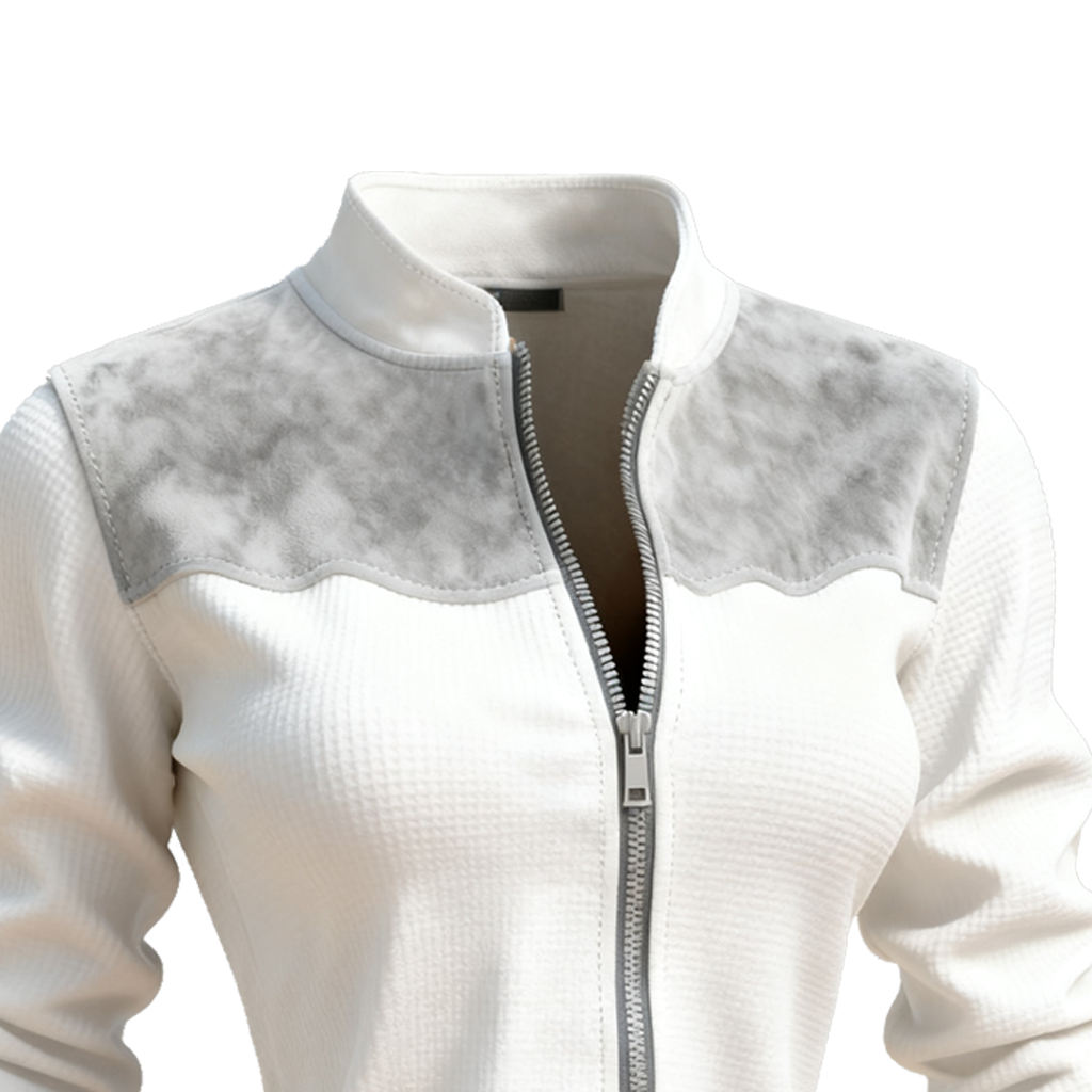 White And Gray Marble-Trimmed Zip-Up Jacket
