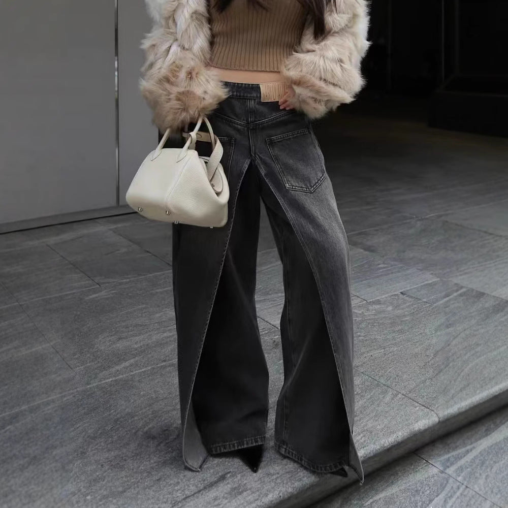 Front And Back Wear Washed Loose Wide Leg Jeans