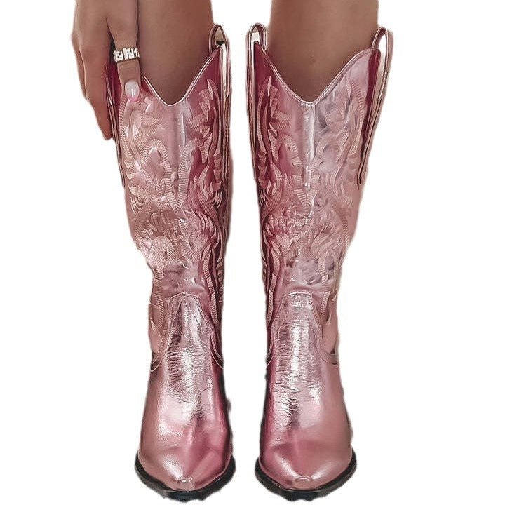 Women's Embroidered Pointed Toe Thick Heel Western Boots