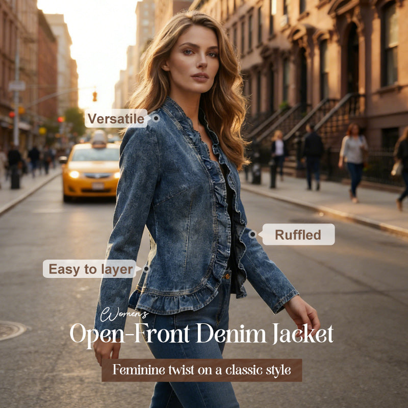 Women's Ruffle Trim Open-Front Denim Jacket – Lightweight, feminine & versatile – chic for any outfit 👗