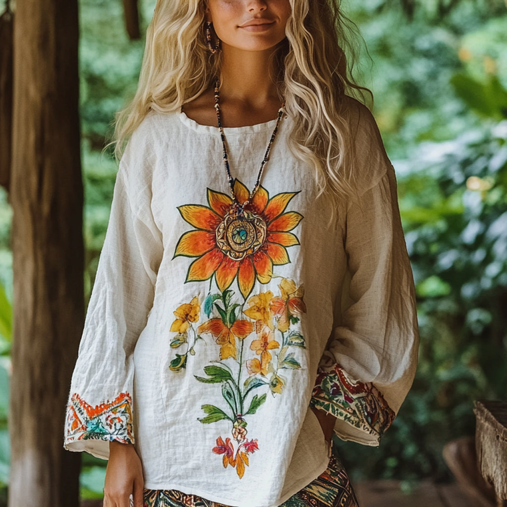 Bohemian Resort Vintage Linen Print Casual Long Sleeve Top