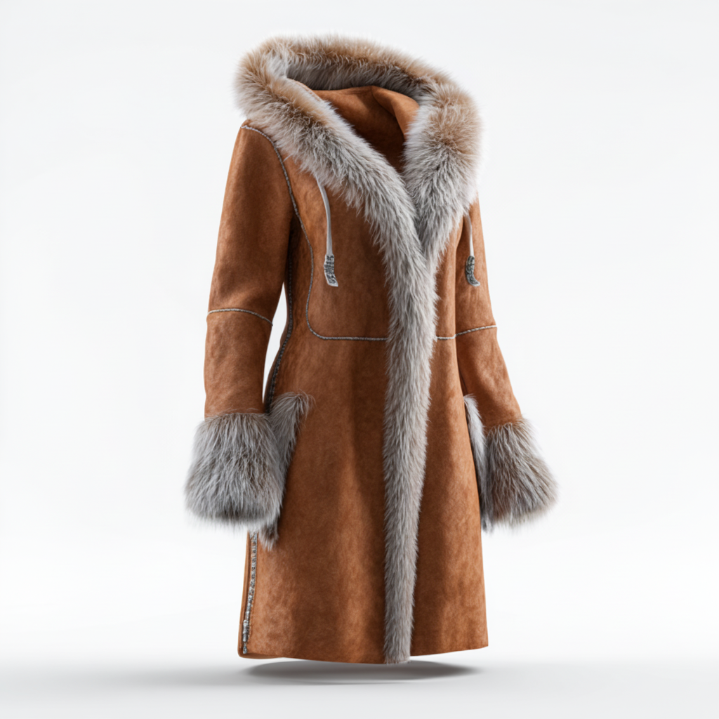 Vintage Long Fur Coat With Caramel Suede And Beachhead Collar For Women | Warm And Luxurious