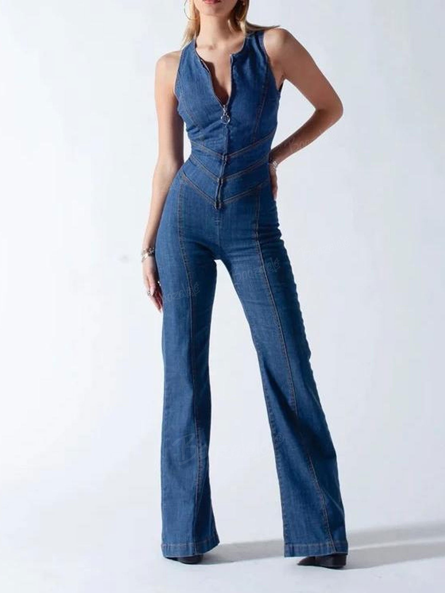 Western Cowgirl Denim Halter Jumpsuit – Sleeveless Zip-Front Flared Legs Bodycon Jumpsuit